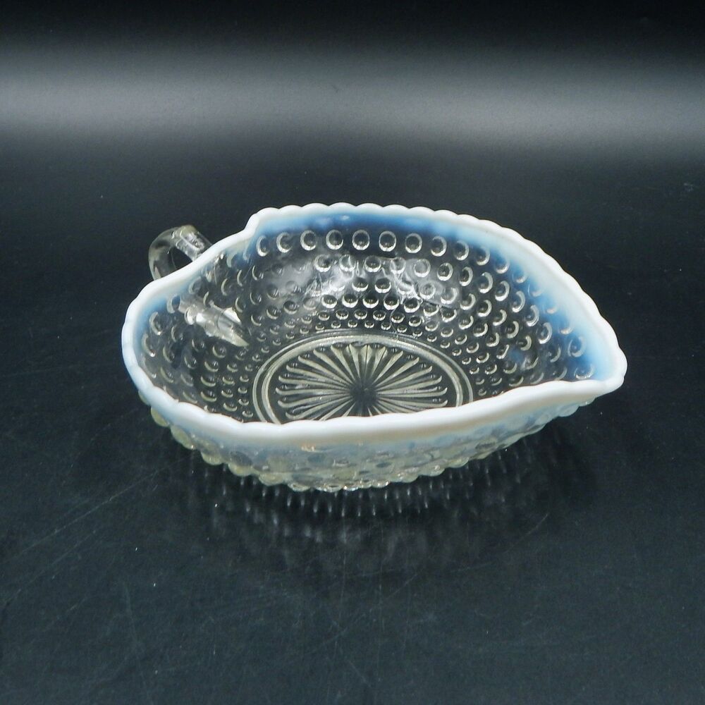 Anchor Hocking Hobnail Opalescent Moonstone Glass Handle Nappy Candy Dish Leaf